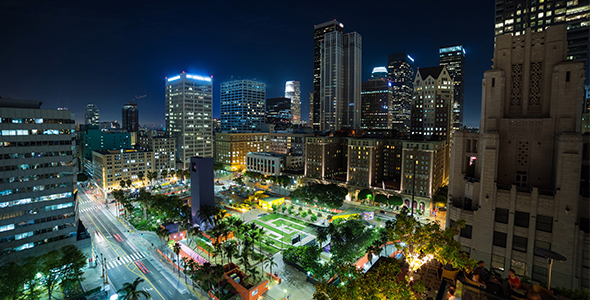 Pershing Square Downtown Los Angeles at Night Wide alt
