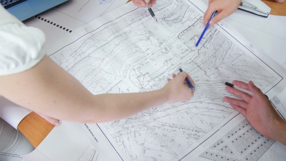 Architect Hand With Pencil Drawing Blueprints alt