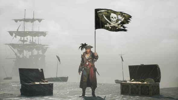 A Pirate Standing Next To A Pirate Flag