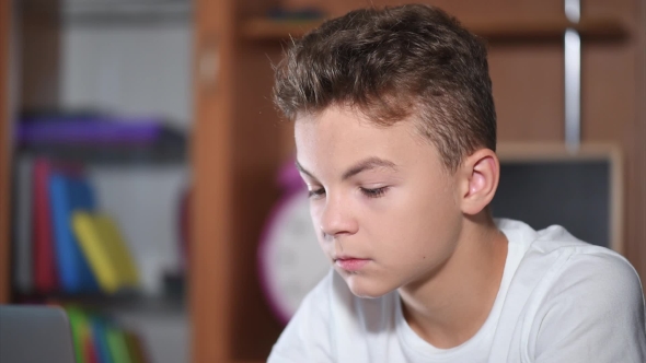 Teen Boy Working On Laptop