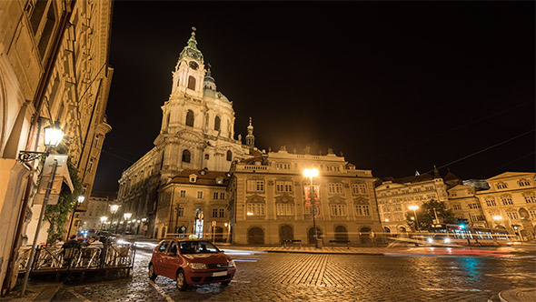 Night Prague With Tower And Moving Car Lights, Stock Footage | VideoHive