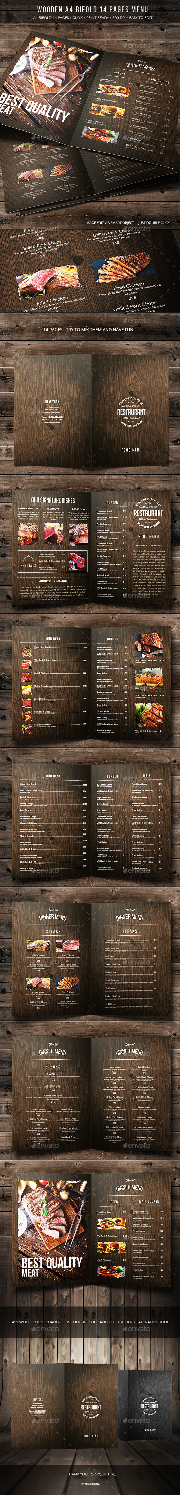 Wooden A4 Bifold 14 Pages Menu