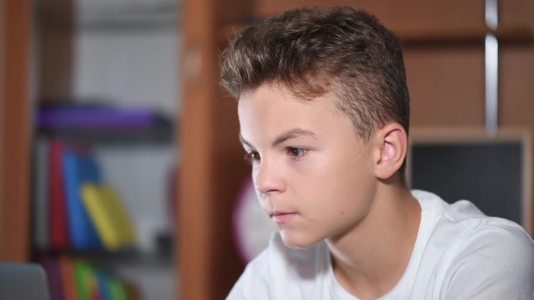 Teen Boy Working On Laptop