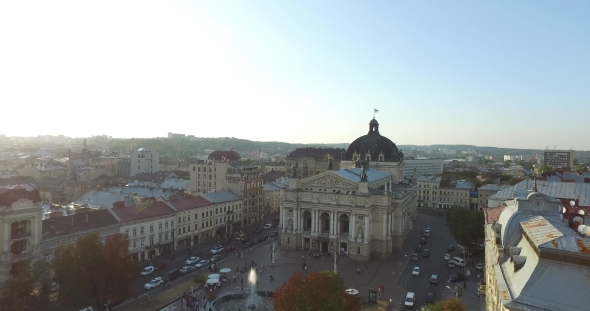 Aerial Old City Lviv, Ukraine. Central Part Of Old City. European City