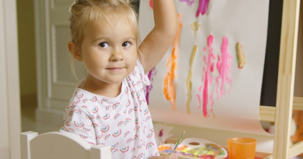 Pretty Confident Little Girl Painting At Home, Stock Footage | VideoHive