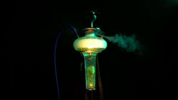 Colored Yellow Hookah With The Smoke On Black,   alt