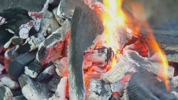 Burning Charcoal With Orange-colored Flame And Glow Selective Focus, Focus On Parts Of The Charcoal alt