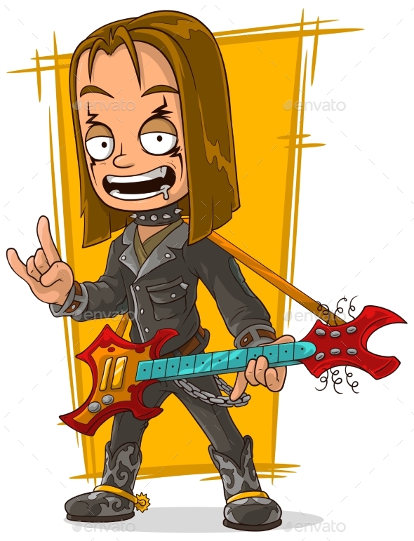 Cartoon Long Hair Rocker in Black Leather Jacket by GB_Art | GraphicRiver