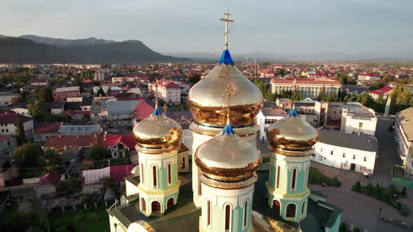 Christian Church at Sunset Aerial View Temple in the Transcarpathia Ukraine alt