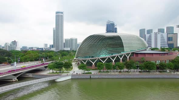 Aerial view of Esplanade - Theatres on the Bay and Esplanade Bridge. Singapore.