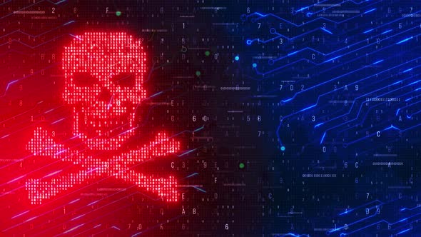 Digital virus skull and crossbones on binary code data theft Digital. HACKED. alt