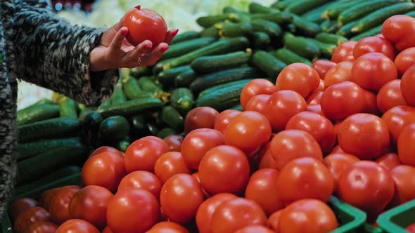 African American Woman Buying Tomatoes in Market. Female Choosing Vegetables alt