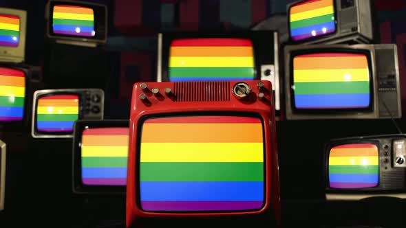 Colorful Rainbow Gay Pride Flag on Retro TVs. 4K Version.