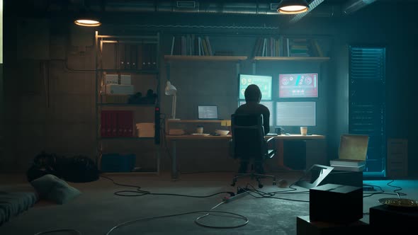 Hacker room. Digital attack. Data stealing using cyberspace. Network crime. 4K alt