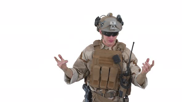 Talking Emotionaly Soldier Complaiting About Something on White Background alt