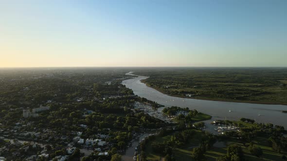 Aerial view of a river path to Parana deltas in Buenos Aires, Argentina. Jib Down alt