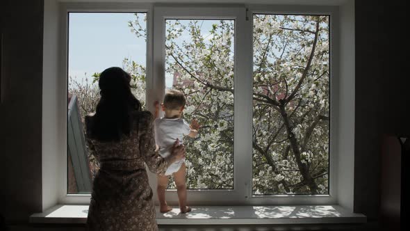 Ukrainian Mother with Baby Approaches the White Window