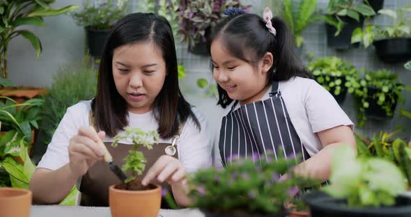Mother teaching daughter to plant trees alt