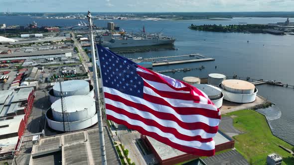 American gasoline diesel fuel prices. Energy crisis in USA. Bulk oil storage tanks at port in Americ alt