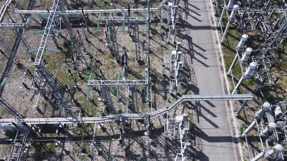 Aerial view of a high voltage electrical substation. alt