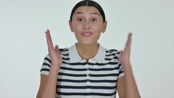 Successful Latin Woman Celebrating White Background alt