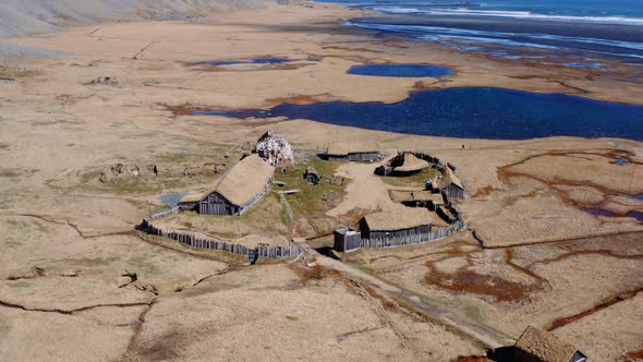 Drone Over Viking Village Film Set In Landscape Of Hofn alt
