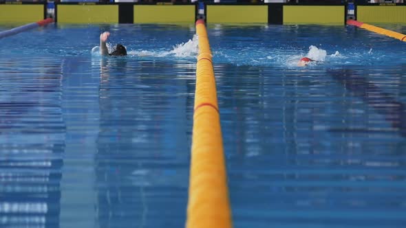 Two Swimmers Swim on Their Backs Along Their Lanes in the Pool Approaching the Finish Line