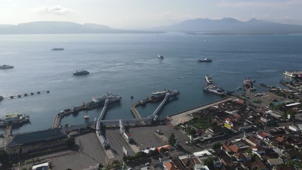 Aerial view of Port in Banyuwangi Indonesia with ferry in Bali Ocean alt