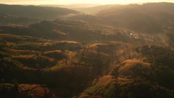 4K Aerial view of Mountains landscape with morning fog. alt