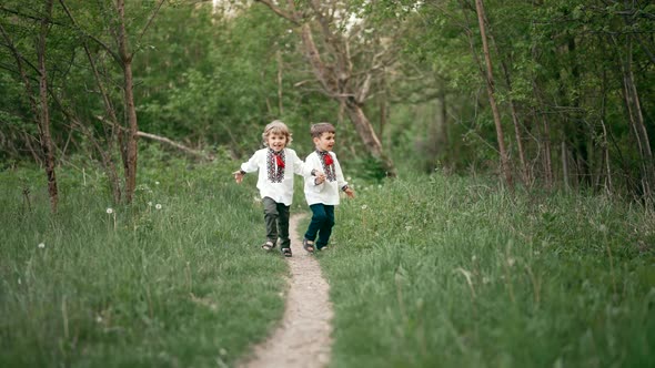 Little Ukrainian Boys Cheerfully Running Along Path on Forest Lawn or in Park alt