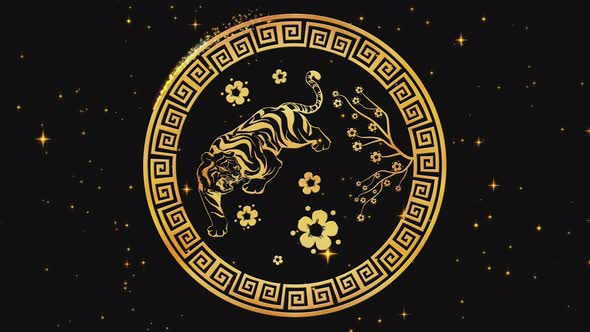Happy Chinese New Year 2022 Zodiac Sign Tiger on Black Background with Gold Stars alt