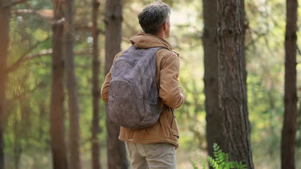 Traveler Casual Style Man Walking in Woods with Backpack, Single Hiking in Autumn Forest alt