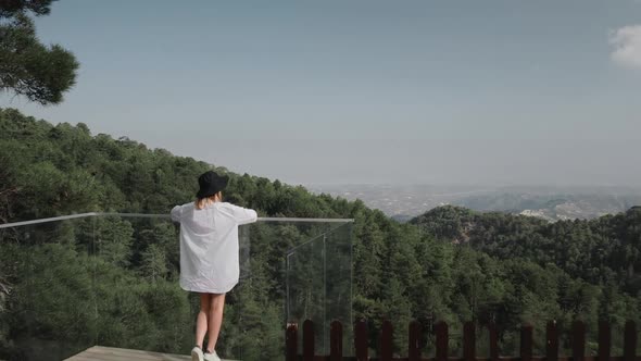 Girl Traveler Tourist on Terrace Watch Wild Nature Landscape Horizon in Highland Mountain Area