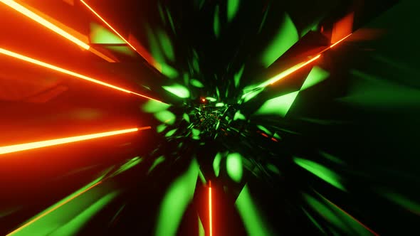 Sci-fi triangular tunnel red and green neon loop.