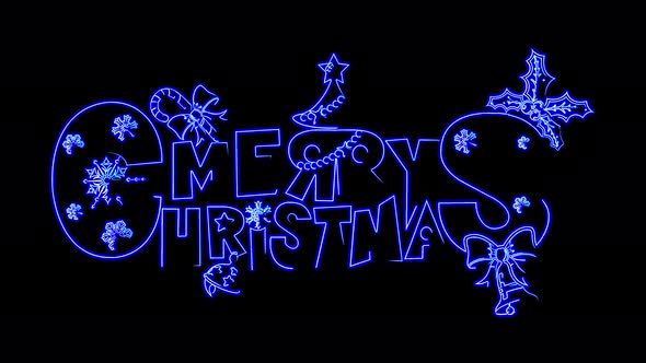 Merry Christmas neon letters glowing on black background splash. Blue neon text
