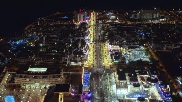 Nightlife in the Center of the Resort Area of Tenerife and Its Main Street Golden Mile Playa Las