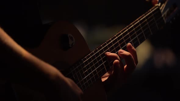 Male Guitarist Plays the Guitar in the Dark. Kyiv. Ukraine alt