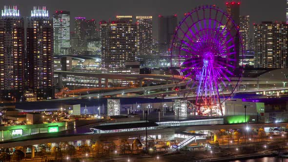 Timelapse Tokyo Road Between River Water and Ferris Wheel alt