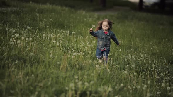 Happy Little Girl Keeping Dandelion and Running in Park