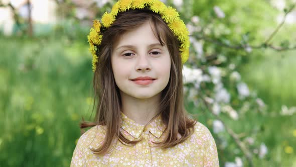 Open Eyes Portrait Little Child Girl Looking at Camera Standing on Park in City alt