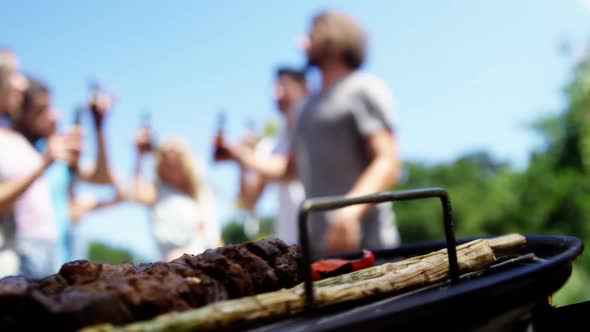 Close-up of barbecue and friends partying in background alt