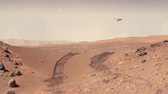 Mars landscape with vehicle wheel marks on the dusty ground and a spaceship flying in the sky