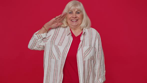 Subordinate Senior Woman Giving Salute Listening to Order As If Soldier Following Discipline Obeying alt