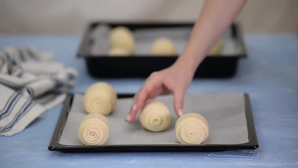CloseUp Homemade Yeast Dough Buns On A Baking Sheet