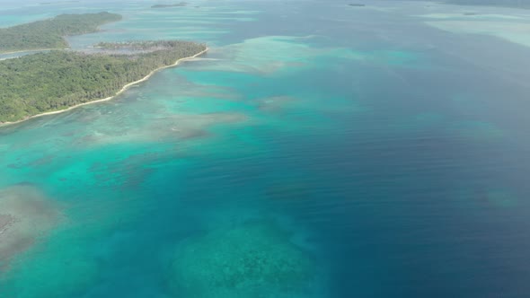 Aerial: flying over desert island tropical beach caribbean sea turquoise water c alt