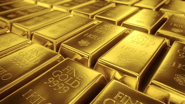 Endless motion of camera closing up the stacked gold bars. Loopable. HD alt