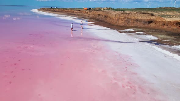 Drone View of Colorful Pink Lake with Wide White Salt Coast alt