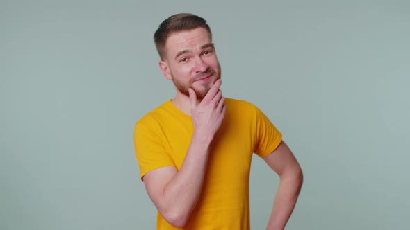 Cheerful Lovely Bearded Adult Man Fashion Model in Casual Tshirt Smiling and Looking at Camera alt