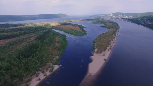 Aerial View of Amazing Nature with Wide River Volga
