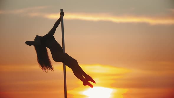 Young Woman Holding By the Dancing Pole and Showing Movements on Sunset alt